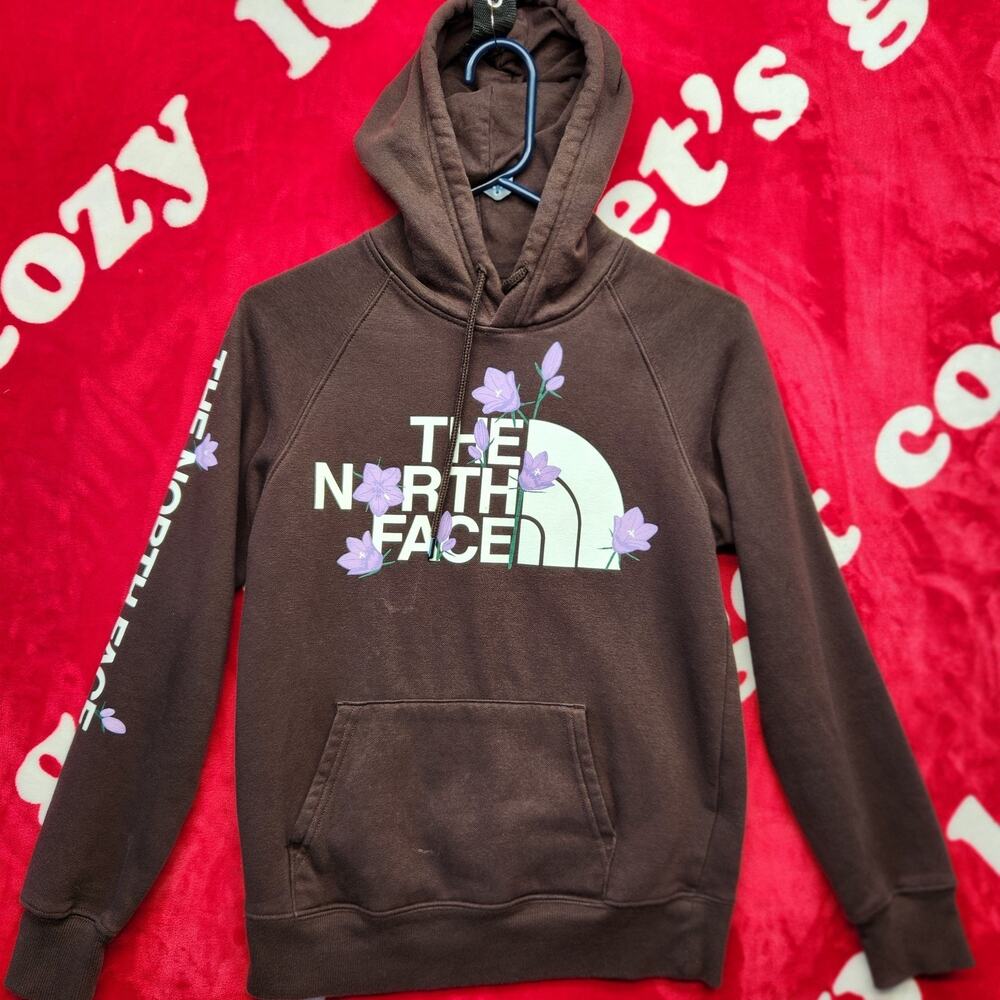 The North Face Womens XS Brown Floral Logo Pullover Hoodie Sweatshirt
